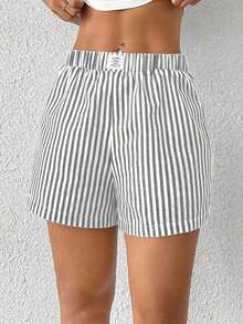 Shorts tejidos de mujer con rayas azules - Verde - Ver 5