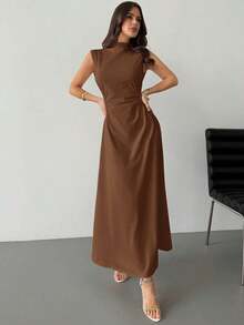 Vestido largo en línea A con cuello de pie, sin mangas y fruncido, color blanco, nuevo para el Día de San Valentín, elegante y romántico para citas y trabajo - Café integral - Ver 2