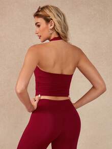 NcmRyu Women's One Set Solid Color Lace Trim V-Neck Halter Backless Vest & Ruched Flare Pants Sports Suit - Red - View 6