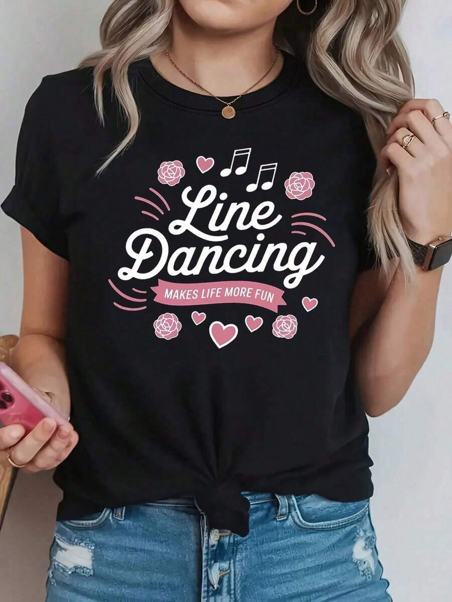 Soft, Breathable, And Lightweight For All-Day Comfort. Women's Vintage Dance Top - Casual Short-Sleeve Top With A Crew Neck And Western Dance Letter Print. This Spring/Summer Blouse Is Suitable For Parties, Dance Events, And Casual Wear. Machine Washable. The Classic Crew Neck And Relaxed Fit Flatter All Body Shapes And Are Easy To Pair With Jeans, Shorts, And Leggings. - 黑色 - 查看 1