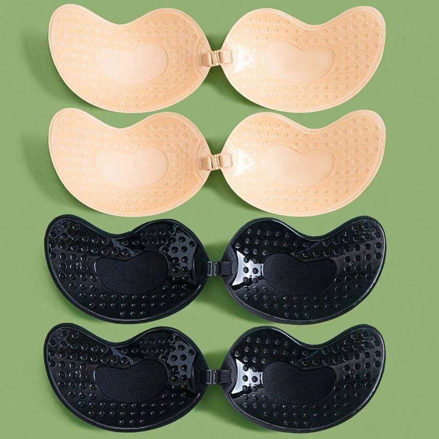 4/2pcs Invisible Adhesive Bras + 10pcs Floral Nipple Covers, Strapless Silicone Bra Pasties, Suitable For Dresses, Lingerie, Reusable, Skin Color & Black Available - Multicolor - View 1