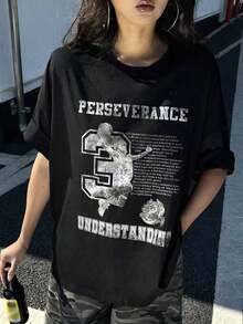 Women's Printed Loose Short Sleeve T-Shirt, Casual & Stylish For Everyday Wear Graphic Tee-Vintage Street Style Unisex Loose Cotton Short Sleeve Crew Neck T-Shirtblusas para mujer. blusas.blusas casuales para dama. - Negro - Ver 2