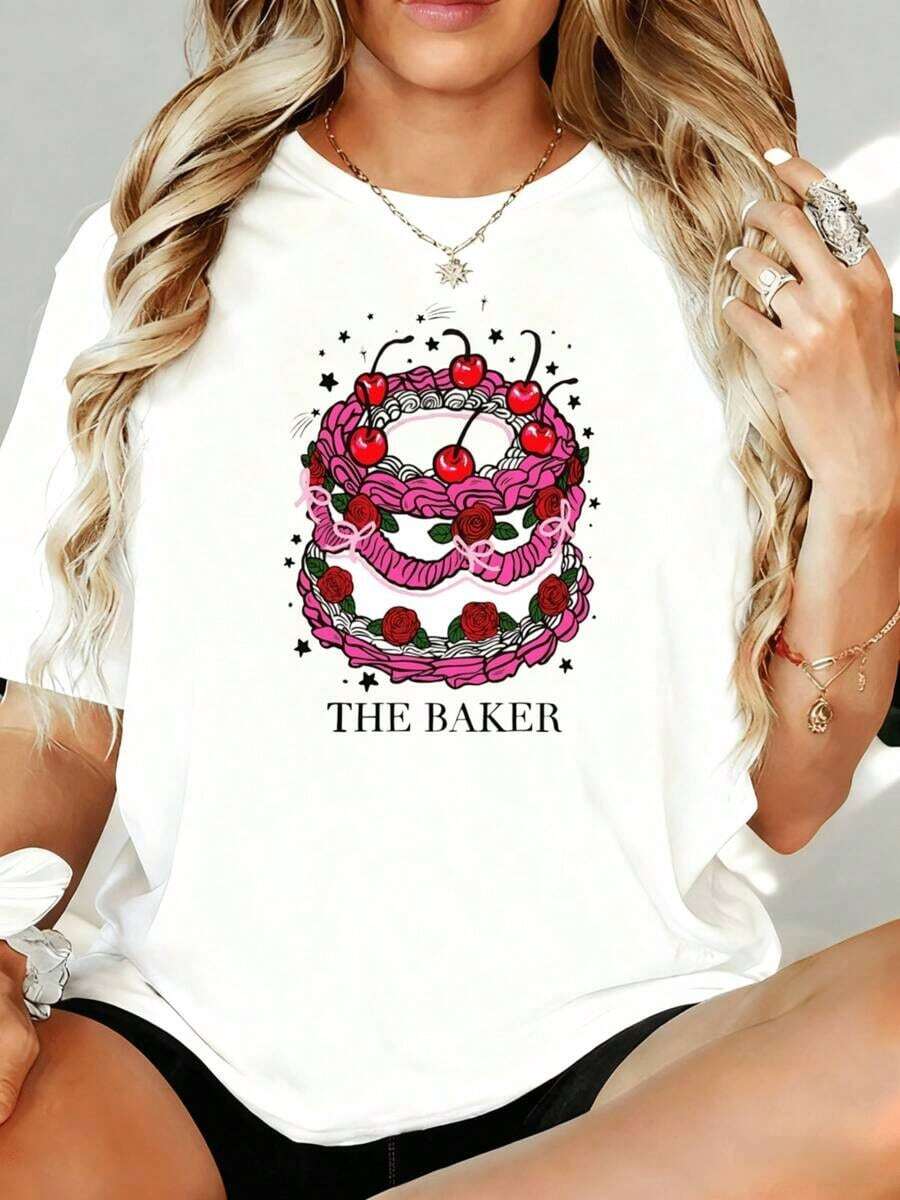 Camiseta Holgada con Estampado de Pastel The Baker para Mujer, Top Casual de Moda con Diseño de Cerezas y Rosas, 180g, para Ocio en Casa, Aire Libre, Regalo para Fiesta de San Valentín - Blanco - Ver 1