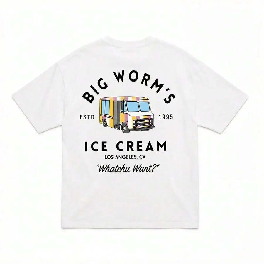 Big Worm's Ice Cream Unisex Cotton T-Shirt With Retro Truck Graphic 'What Do You Want?' Crew Neck Quote Fun LA Streetwear T-Shirt, Breathable, Soft, Comfortable And Fitted For Men. - 白色 - 查看 1