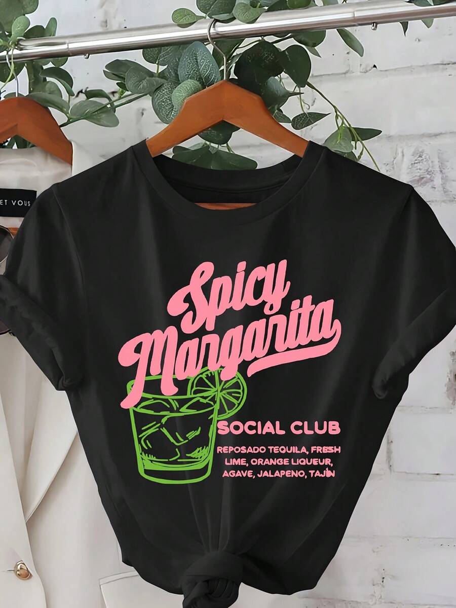 Camiseta de manga corta con cuello redondo y estampado para mujer, de corte regular, perfecta para atuendos casuales diarios en primavera y verano. - Negro - Ver 1