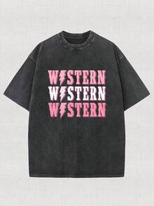 1 pieza de camiseta de algodón lavado estilo popular 2026, con estampado vintage de rayos negros, camiseta de marca de moda vintage de algodón batik de alta calidad, camiseta para mujer, popular para uso diario, regalo de vacaciones, regalo perfecto para moda urbana, casual y cómoda, 180g 100% algodón. - Negro - Ver 1