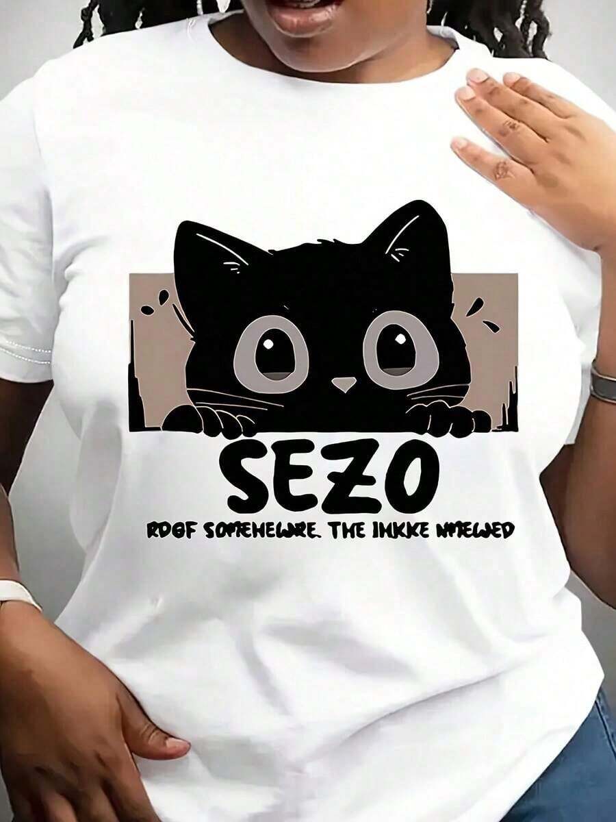 Camiseta de verano para mujer, casual, holgada, de manga corta - Bonito estampado de gato negro, cuello redondo, top informal, camiseta con diseño de gato, ropa cómoda para el fin de semana, camiseta con diseño divertido, tela opaca. - Blanco - Ver 1