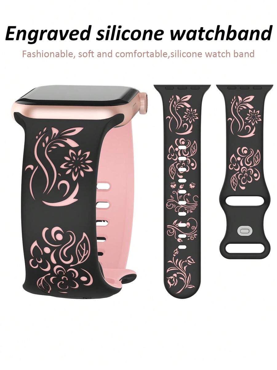 Pulseira de Relógio de Silicone com Padrão de Narciso Entalhado, Adequada para Apple Watch 40mm 41mm 42mm 44mm 45mm 46mm 49mm, Elegante e Esportiva Casual, Compatível com Apple Watch Ultra/11/10/9/8/7/6/5/4/SE, Pulseira de Relógio Inteligente Feminina - Pulseira preta com flores rosa - Visão 1