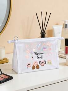 Mesh Makeup Bag With Skincare Theme Pattern, Featuring "Skincare Products" Letter Pattern, Multifunctional Makeup Bag, Portable Storage Bag, Makeup Bag, Skincare Bag, Travel Essential, Dorm Supplies, Bathroom Storage, Jewelry Storage, Lip Oil And Cosmetics Storage Bag, School Supplies Bag, Makeup Bag Holiday Essential, Cosmetics Storage, Wedding Bride Gift, Mother's Day Gift, Birthday Gift, Gift For Friends And Teachers - Multicolor - View 8