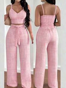 Set de 2 piezas con top de tirantes con estampado floral y pantalones anchos con cintura elástica y lazo para mujeres - Rosa - Ver 1