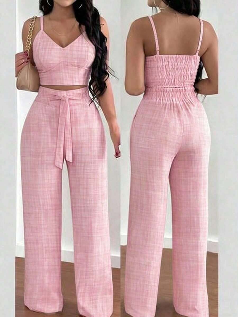 Set de 2 piezas con top de tirantes con estampado floral y pantalones anchos con cintura elástica y lazo para mujeres - Rosa - Ver 1