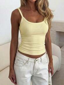 Top de lencería de moda para mujer  camiseta sin mangas de cuello redondo ajustada de estilo casual y sexy para primavera/verano, adecuada para uso diario y viajes a la oficina - Amarillo - Ver 10