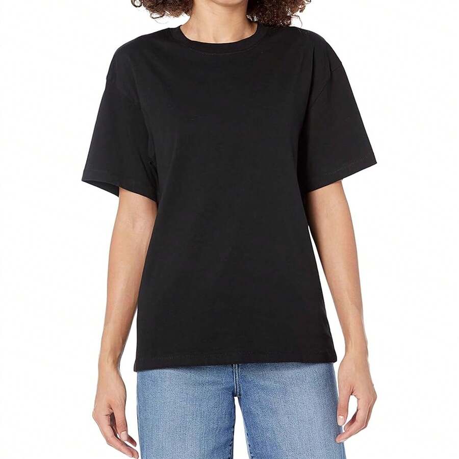 Nueva camiseta de cuello redondo estilo europeo y americano para mujer, en blanco y negro, holgada, casual, de algodón puro, cómoda y versátil, camisetas de cuello redondo populares, camisetas holgadas y cómodas, camisetas a la moda. - Negro - Ver 1