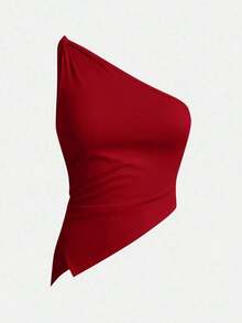 Top elegante de un hombro con un giro en color rojo burdeos delgado para mujer - Rojo - Ver 7