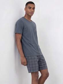 Snug League 2pcs/Set Men's Summer Lightweight Pajamas Set, Short Sleeve Shirt And Shorts, Men's Short Sleeve Casual Home Outfit - Dark Grey - View 6