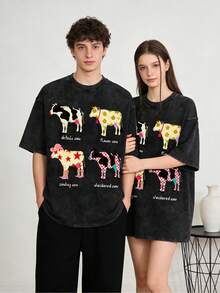 Camiseta de cuello redondo con estampado de vaca de dibujos animados, a la moda y bonita, de puro algodón, cuello redondo tipo  lavado elegante, estilo unisex, nueva , manga corta casual de alta calidad, 6 tallas disponibles, Y2K - Negro - Ver 4