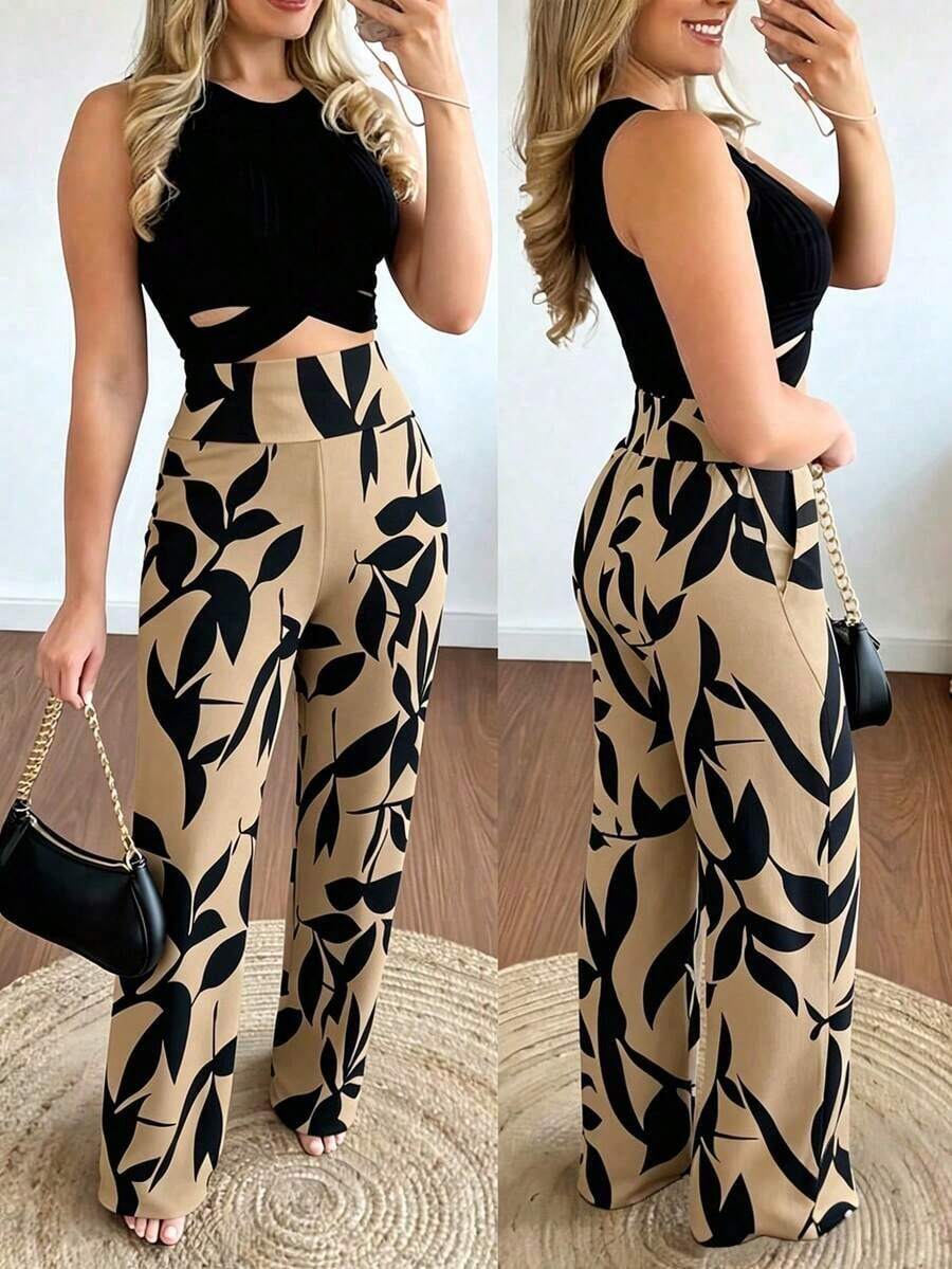Elegante conjunto de 2 piezas de top sin espalda con cruce y pantalones rectos sexy para mujer - Multicolor 2 - Ver 1