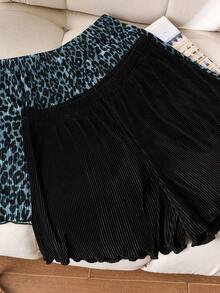 Shorts plisados de talla grande de verano con estampado de leopardo y unicolor - Multicolor 6 - Ver 4
