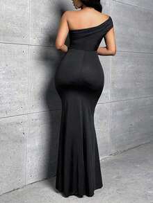 Vestido de un hombro de muslo con abertura - Negro - Ver 3