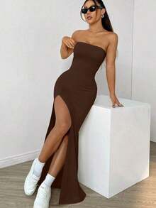Vestido de ajustado para mujeres con muslo dividido y sin tirantes de unicolor - Marrón - Ver 4