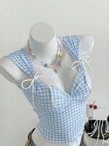 Top a cuadros sin mangas para mujeres con escote de corazón y nudo delantero - Azul - Ver 9