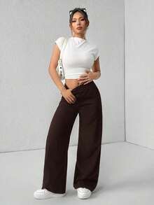 Pantalones de pierna de campana con cintura alta, elásticos y acanalados para mujeres - Marrón - Ver 8