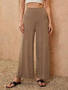 Pantalones casuales de mujer de cintura alta, sueltos, de unicolor y de pierna ancha - Camel - Ver 6