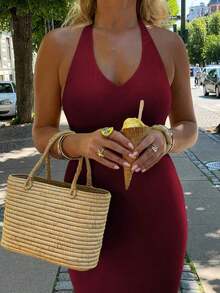 Vestido largo minimalista y elegante de mujer  de unicolor, con cuello en V profundo, volantes en la espalda, de punto con gran elasticidad, estilo europeo y americano, sin mangas, adecuado para vacaciones, ocio y uso diario en verano, color negro - Burdeos - Ver 4