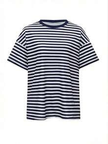 Camiseta casual de mujer  de cuello redondo holgado, camiseta de manga corta de ajuste ceñido con parches a rayas minimalista, adecuada para primavera/verano, ideal para el Día de San Valentín - Azul marino - Ver 3