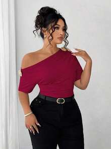 Blusa de talla grande para mujer elegante, personalizada, de moda, versátil, con un solo hombro, adecuada para uso diario - Burdeos - Ver 6
