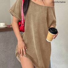 Vintage Washed Loose Cold-Shoulder T-Shirt Dress, Western Music Festival Style, Summer Loose Summer Dress Comfy Dress T Shirt Dresses For Women Lounge Dress Off Shoulder Dresses For Woman ,Summer Dress Loose Dress T Shirt Dress For Women - Gris - Ver 2
