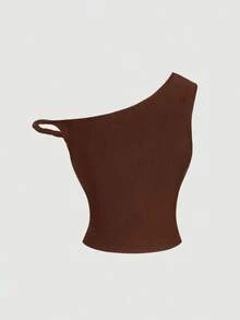 Blusa casual asimétrica de hombro color marrón oxidado para mujer - Óxido marrón - Ver 2