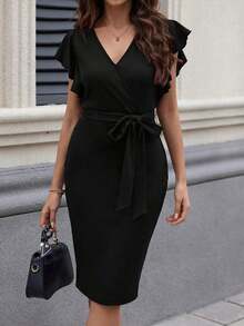 Vestido midi con estampado floral y cuello en V con mangas cortas, elegante para vacaciones - Negro - Ver 3