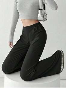 Pantalones casuales rectos y holgados de cintura elástica de unicolor para mujeres - Negro - Ver 4
