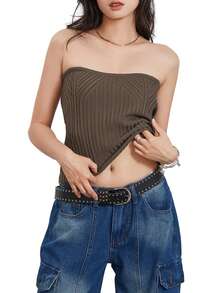 Women's Summer Tube Tops, Solid Color Knitting Ribbed Strapless Cropped Tops Slim Backless Vest - Brown - View 2