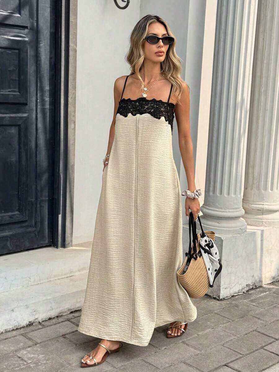 Vestido midi de vacaciones sin tirantes con parches de encaje y contraste de color para mujer - Albaricoque - Ver 1