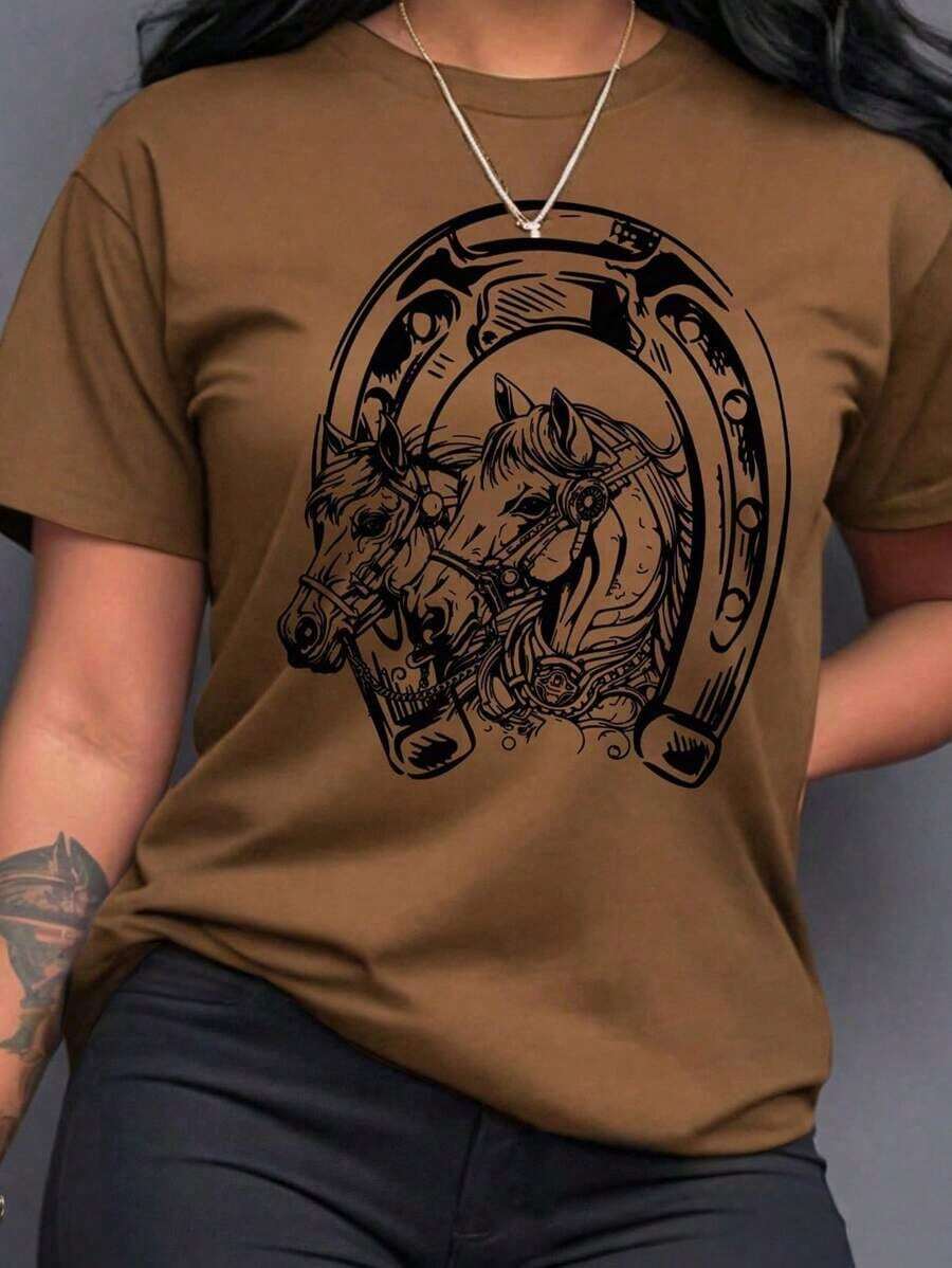 Camiseta de mujer con estampado de caballo de dibujos animados y cuello redondo, camisetas gráficas de mujer - Café integral - Ver 1