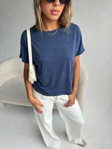 Camiseta gris de verano casual para mujer con escote trasero y nudo trenzado - Azul marino - Ver 6
