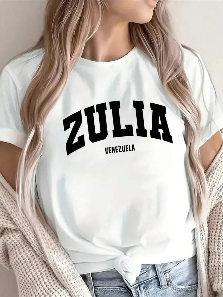 1 camiseta de manga corta de poliéster, decorada con un estampado de zúlia venezolana, adecuada para uso casual diario en casa, en restaurantes o al aire libre. Diseño ligero y duradero, ajuste cómodo para mujeres, 180g Algodón 100%. - Blanco - Ver 1