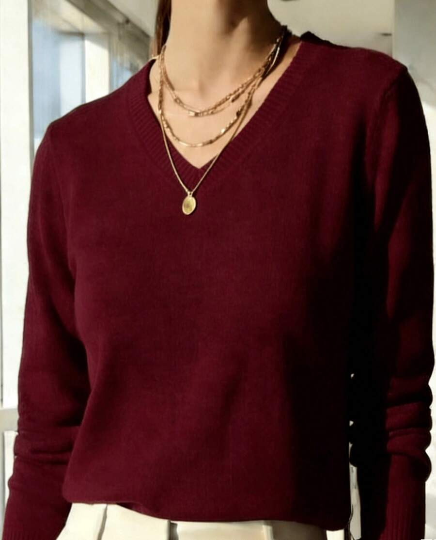 V-NECK SWEATSHIRT WOMEN'S KNITTING LONG SLEEVE WINTER BASIC MODAL Thin And Light Style - 酒紅色 - 查看 1