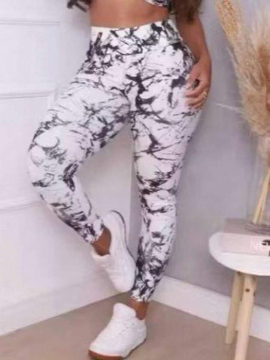 Women's Marble-Effect Leggings For Gym Use - White - View 1