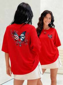 Butterfly With Wings Representing The Union Of Freedom And Beauty Surrounded By Roses And Detailed Flowers. Women's T-Shirt, 100% Cotton. Suitable For Spring, Summer And Autumn. - Red - View 1