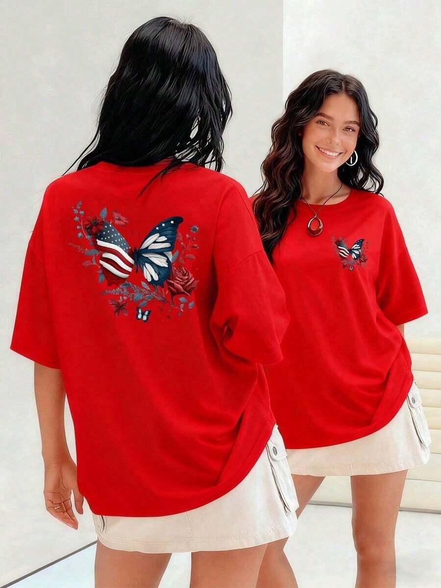 Butterfly With Wings Representing The Union Of Freedom And Beauty Surrounded By Roses And Detailed Flowers. Women's T-Shirt, 100% Cotton. Suitable For Spring, Summer And Autumn. - Red - View 1