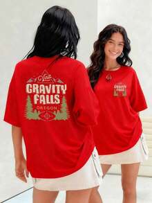 Visit Gravity Falls, Mountains And Pine Trees, A Mysterious Compass. Women's T-Shirt Made With 100% Soft And Breathable Cotton For A Casual And Comfortable Look. Suitable For Spring, Summer And Autumn - 紅色 - 查看 7