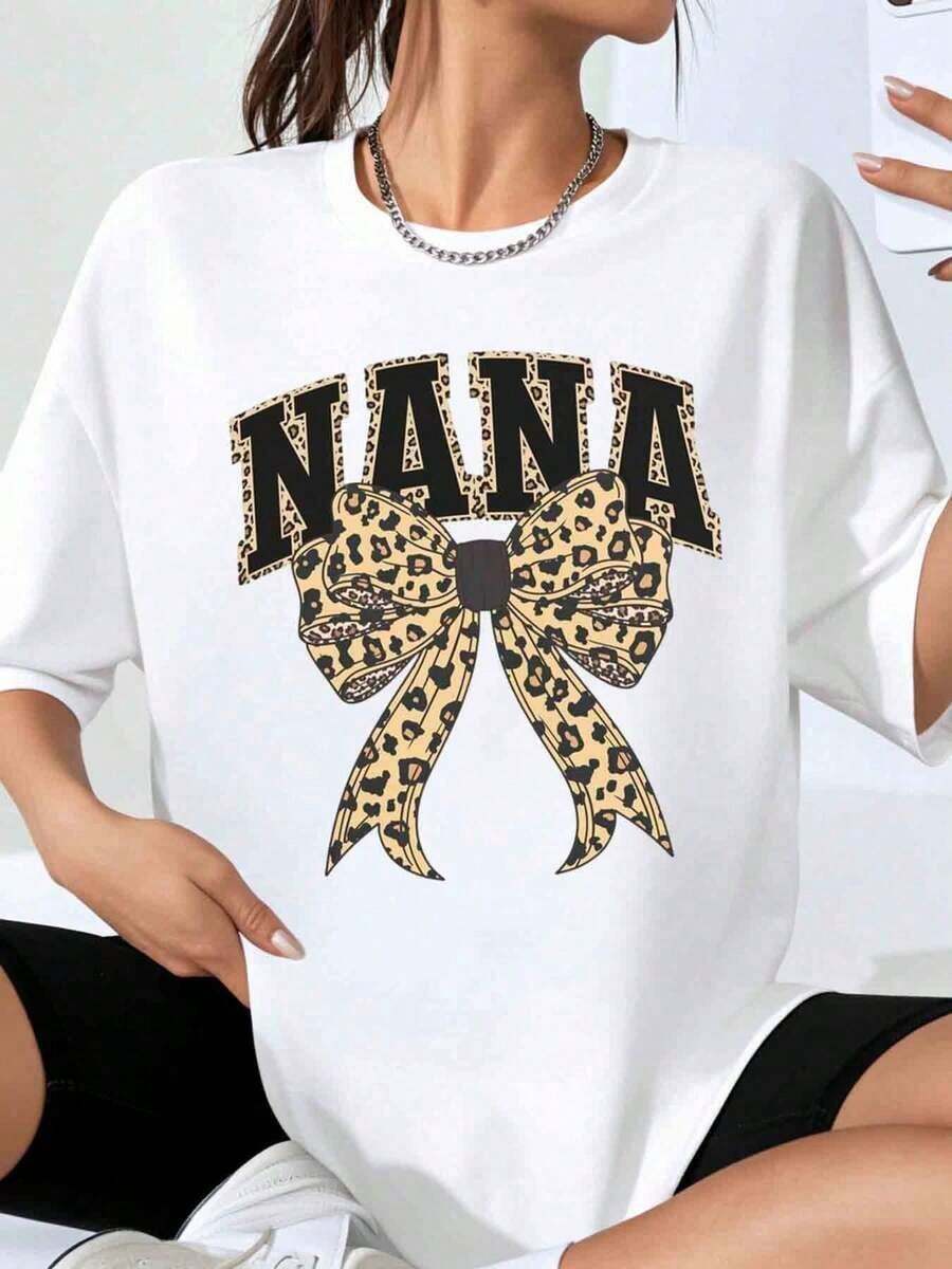 Nana Women's Oversized Leopard Print Bow T-Shirt, Casual Top, Fashion Shirt For Family Gifts, Mother's Day Or Birthday Gift - 白色 - 查看 1
