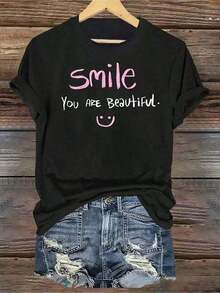 Camisetas Casuales con Estampado Gráfico para Mujer - Con Estampado 'Con una Sonrisa Eres Hermosa' - 100% Algodón - Ropa de Verano para Mujer - Camiseta Streetwear Casual de Manga Corta - Tops de Moda para Mujer - Camisetas Holgadas para el Verano - Ropa Diaria - Adecuado para primavera, verano y otoño. - Negro - Ver 7