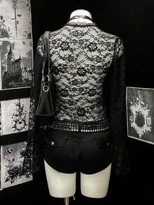 Blusa de mujer con cuello en V de encaje y ribete de encaje en contraste - Negro 2 - Ver 3