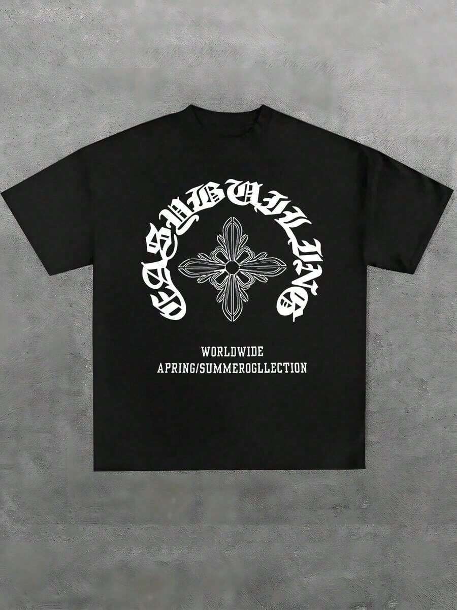 Camiseta de Verano Talla Grande con Estampado de Cruz Gótica, Estilo Urbano, 1 Pieza, 100% Algodón, Camiseta Casual para Hombre, Camiseta Gráfica Hip Hop de Cuello Redondo y Manga Corta, 220g, Ideal para Salir, Regalo Unisex - Negro - Ver 1
