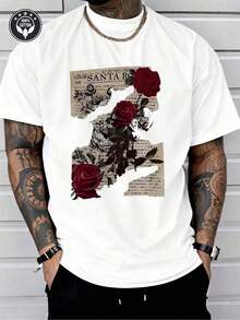 Camiseta de Talla Grande con Estampado de Rosas y Periódico - 100% Algodón, Cuello Redondo para Hombres, Regalos, Ropa para Hombres Altos y Corpulentos - Blanco - Ver 12