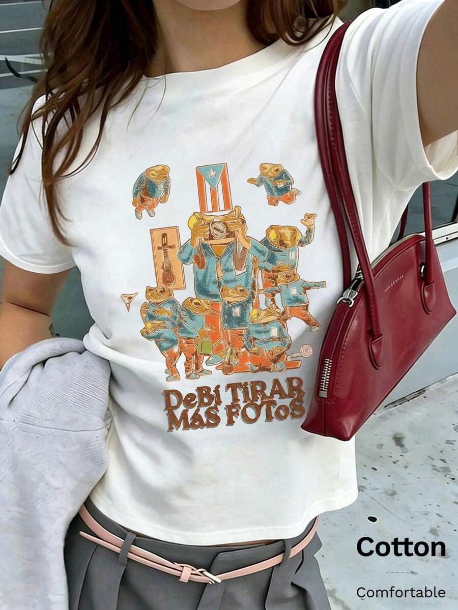 夏季新款圓領 DTMF 圖案修身落肩 T-shirt,度假旅行海灘穿搭 - 白色8 - 查看 1